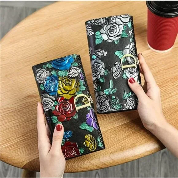 Women Long Wallet Genuine Leather RFID Blocking Floral Hand Painted